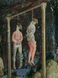 St. George and the Princess of Trebizond, detalj av två hängande män från vänster sida, ca 1433-38
